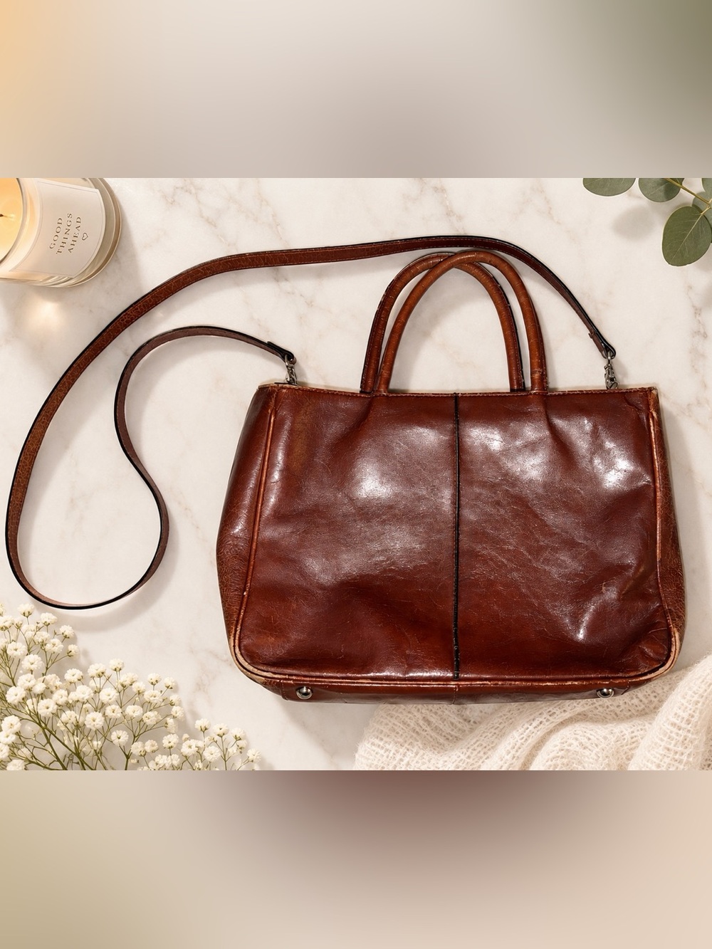 Hobo Cognac Brown Leather Tote Shoulder Bag | Double Handle + Crossbody Strap